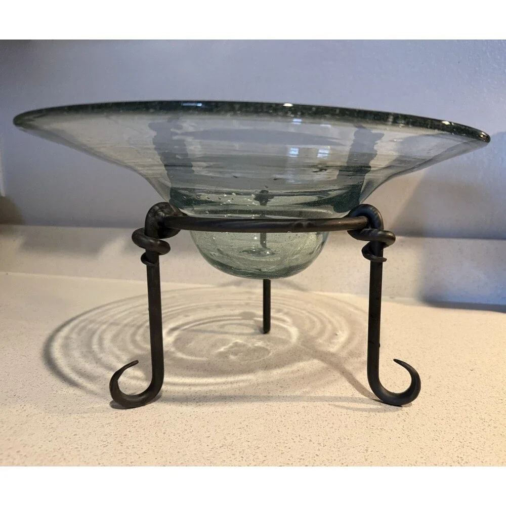 Hand Blown Thick Transparent Funnel Glass Wrought Iron 3 Leg Stand